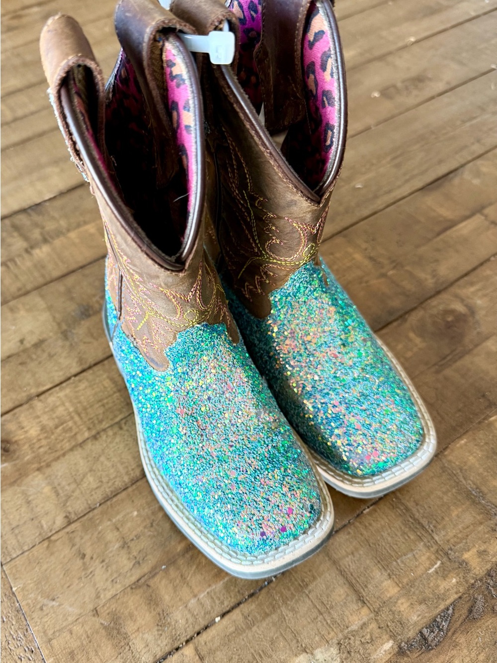 Girls Glitter Turquoise & Brown Western Boots - Kid's Sparkle Cowgirl Style